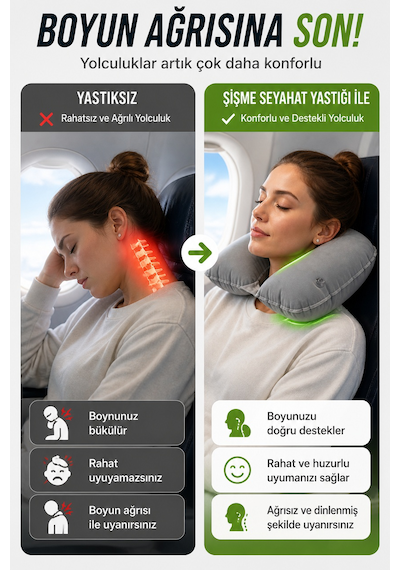 Gri Şişme Seyahat Boyun Yastığı Uçak Araç Kamp İçin Ergonomik Taşınabilir Travel Yastık