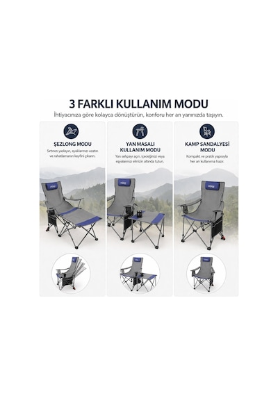 2 Adet Şezlong Kamp Sandalyesi Ve Masa Seti - Plaj Seti - Lounge Elevate - Mavi Çok Renkli