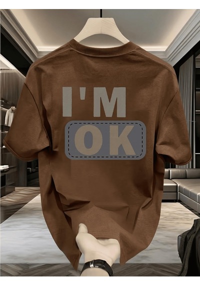 Unisex "ı'm Ok" Baskılı Oversize Pamuklu Tişört - Özel Tasarım Patch Detaylı Kahve