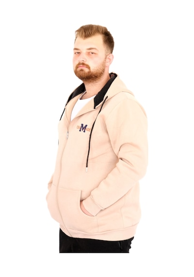 Mode Xl Büyük Beden Erkek Kapüşonlu Fermuarlı Sweatshirt U25803 Bej Bej