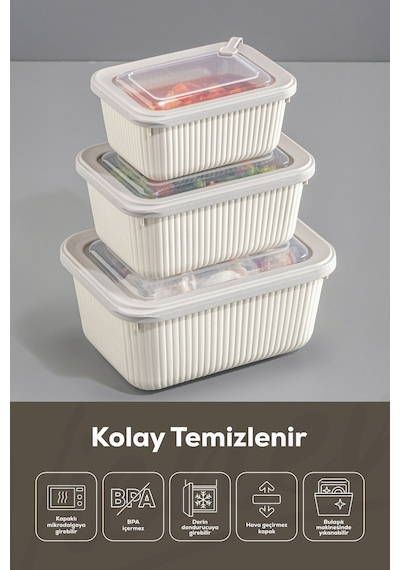 Vienev 12'li Vip Dikdörtgen Mikrodalga Ve Difrize Uygun Saklama Kabı Seti Bej 4x 1750,1050,600 Ml Bej