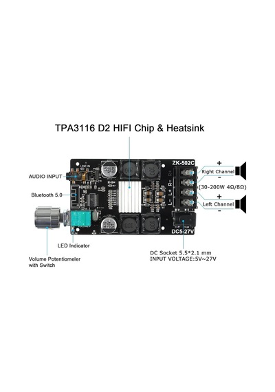 Zk-502c Bluetooth 5.0 Amplifikatör Kartı, 100w Ses Amfi Kartı Çift Kanallı Dc8-24v, Parolasız Evdeki Pasif Hoparl