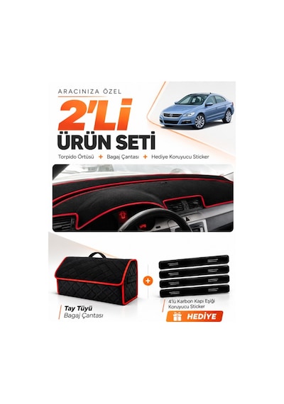 E-biz Volkswagen Passat Cc 2008-2012 Uyumlu Torpido + Tay Tüyü Çanta - Siyah-kırmızı - Vw016