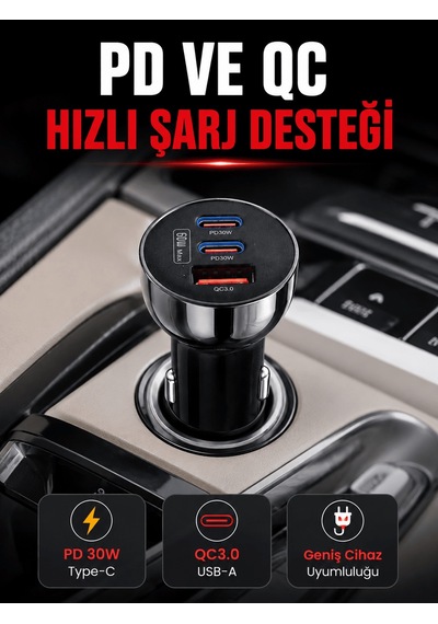 3 Portlu Araç İçi Şarj Adaptörü Çift Pd Type-c Ve Qc3.0 Usb Çıkış