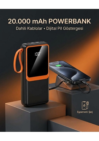 Dahili Çoklu Kablolu 20000 Mah Powerbank Dijital Pil Göstergeli Telefon Şarj Cihazı Sarı