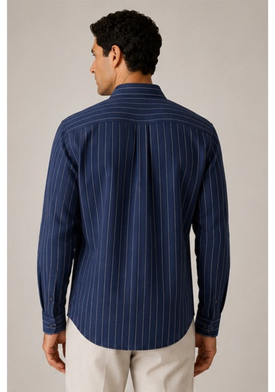 %100 Saf Keten Çizgili Uzun Kollu Regular Fit Erkek Gömlek Mes129774-01 Lacivert
