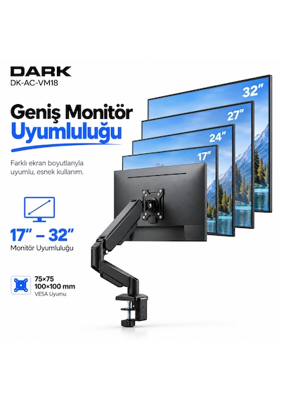 Dark VM18 13-32" 1 Adet Monitör Takılabilen, Amortisörlü, Dikey&Yatay Kullanım, Max.9KG Destekli, 360° Dönebilen, VESA, Masa Monte Monitör Kolu (DK-AC-VM18) Dark VM18 13-32" 1 Adet Monitör Takılabilen, Amortisörlü, Dikey&Yatay Kullanım, Max.9KG Destekli, 360° Dönebilen, VESA, Masa Monte Monitör Kolu (DK-AC-VM18)