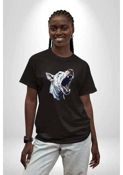 Bull Terier Köpek Havlama Pamuklu Bisiklet Yaka Unisex Oversize Boyfriend Dijital Baskılı Siyah T-shirt Siyah
