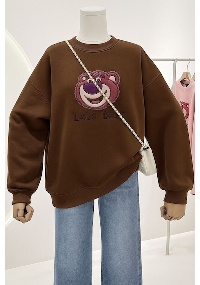Benroma 3 İplik Penye Lost Bear Baskılı Unisex Sweatshırt Kahverengi