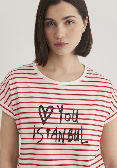 Mavi - Love You Baskılı Çizgili Istanbul Tişört 167986-26829 Beyaz
