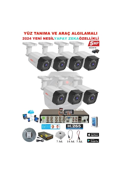 7 Kameralı Yapay Zeka Özellikli Yüz Tanıma ve Araç Algılamalı 5 Mp Kuruluma Hazır Kamera Seti