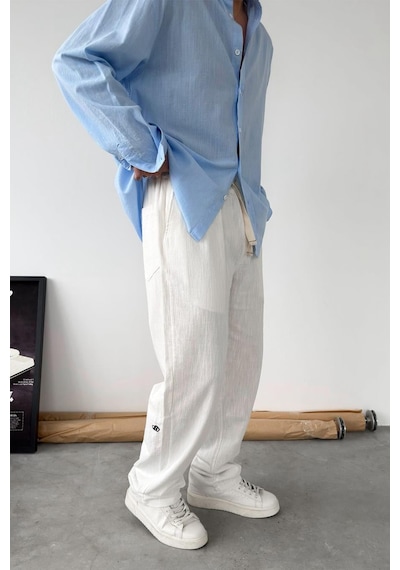 Beyaz Nakışlı Baggy Keten Pantolon Beyaz