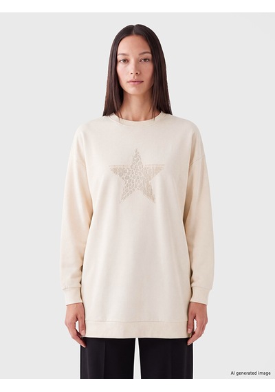 Lcw Everyday Bej Baskılı Oversize Kadın Sweatshirt Tunik