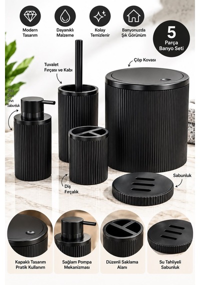 Siyah 5 Parça Banyo Seti Modern Çizgili Tasarım Çöp Kovası Sıvı Sabunluk Diş Fırçalık