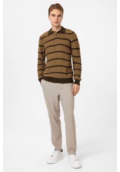 Back&bond Bej Regular Fit Çizgili Yünlü Polo Yaka Triko Kazak Camel