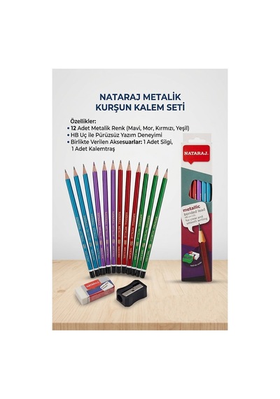 Kurşun Kalem Hb 1 Düzine Kalemtraş Silgi Hediyeli Nataraj Kurşun Kalem Metalik Renk 1 Düzine