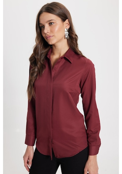 Tudors Kadın Slim Fit Dar Kesim Vucüda Oturan Uzun Kollu Gizli Düğme Detaylı Bordo Basic Gömlek-42048