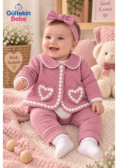 Mini Pakel Kalp Desenli Kız Üçlü Takım 3-12 Aylık -dü1500390 - Gül Kurusu