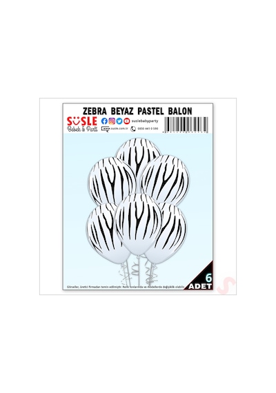Zebra Baskılı Beyaz Balon, 30cm x 6 Adet