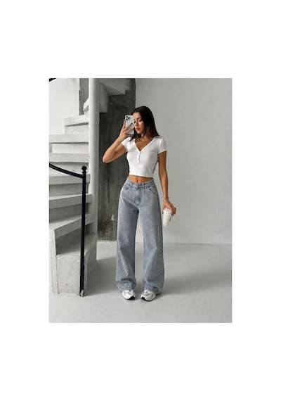 Bluemarlin Tam Kalıp Tintli Yüksek Bel Ön Arka Pensli Bol Paça Baggy Jeans Tintli