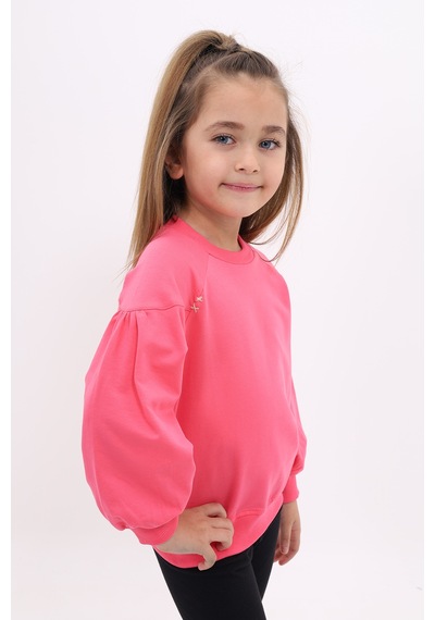Toontoy Kız Çocuk Relax Fit Bisiklet Yaka Büzgülü Reglan Kol Sweatshirt - 2 İplik Fuşya