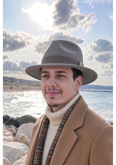 Mollycrush Erkek Kışlık Klasik Gri Fötr Şapka Şeritli Geniş Siperli Keçe Fedora Modeli Gri