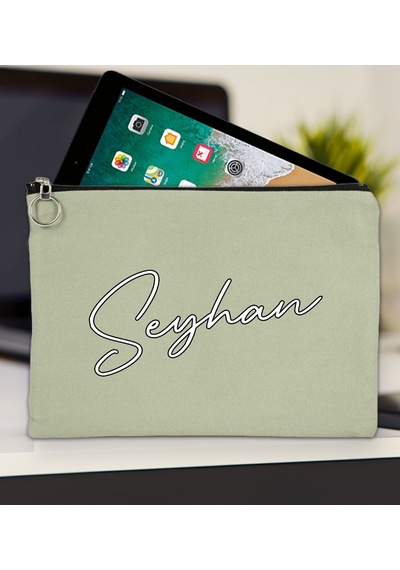 Bk Gift Kişiye Özel İsimli-6 Mint Yeşili Tablet Çantası 30x21cm, Ipad Çantası, Baskılı Tablet Kılıfı Yeşil