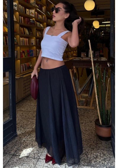 Madmext Antrasit Vintage Şifon Maxi Etek Mg2776