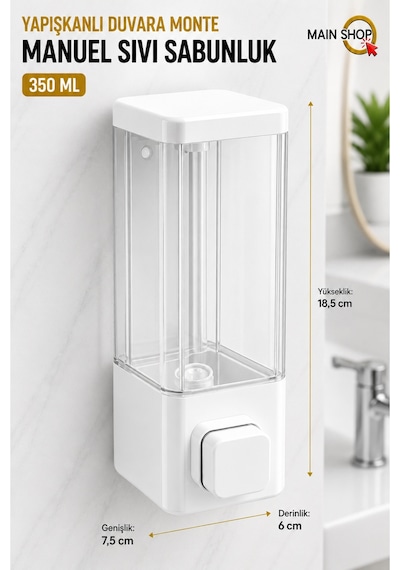 Mainshop 1 Adet Yapışkanlı Duvara Monte Banyo Ve Mutfak Manuel Sıvı Sabunluk 350 Ml Doldurulabilir M-53 Beyaz
