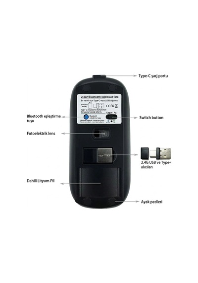 Çift Modlu Şarj Edilebilir Sessiz Kablosuz Mouse Bluetooth + 2.4ghz