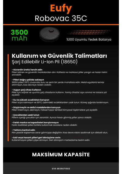 Eufy Robovac 35c 3500mAh Robot Süpürge Bataryası
