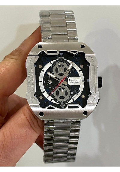 Ferrucci Kare Kadran Gümüş Fonksiyonları Aktif Takvimli Spor Model Çelik Erkek Kol Saati Gümüş