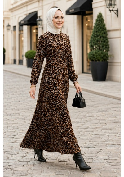 Hb Harma Time Butik Kadın Fermuarlı Leopar Desenli Viskon Tesettür Elbise Siyah