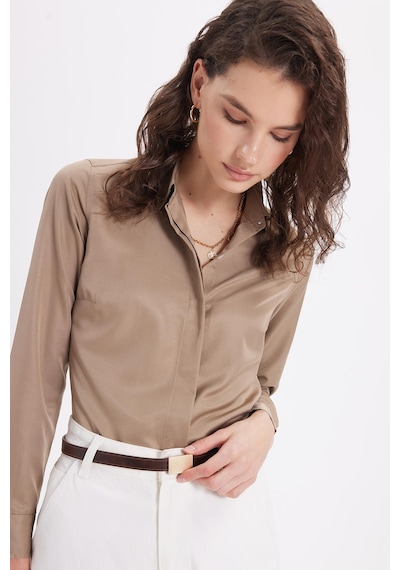Tudors Kadın Slim Fit Dar Kesim Vucüda Oturan Uzun Kollu Gizli Düğme Detaylı Koyu Vizon Basic Gömlek-41568 Koyu Vizon