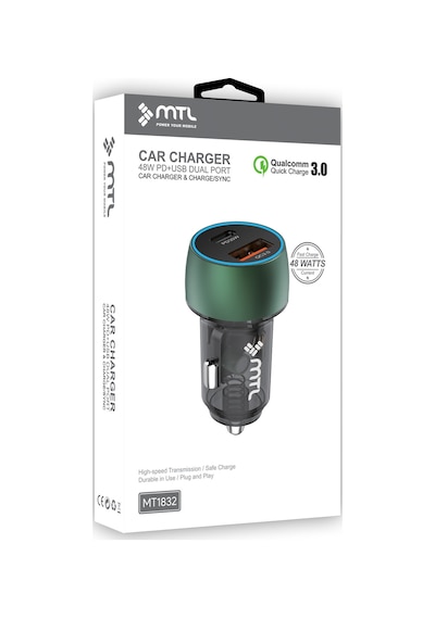 48w Hızlı Şarj Destekli Çift Portlu Type-c + Usb Akım Korumalı Led Işıklı Araç Şarj Cihazı Mt 1832