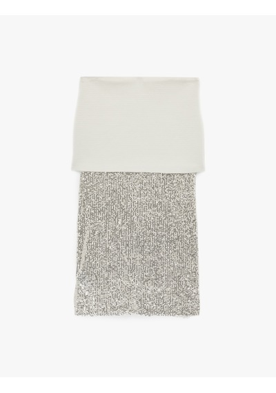 Koton Çift Kumaş Detaylı Uzun Pullu Payetli Kalem Etek Ekru 6sak70001ht