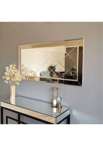 Dekoratif Baklava Desenli Bizoteli Salon Aynası Ofis Aynası Konsol Aynası 120cm X 60cm 120 X 60 Bronz