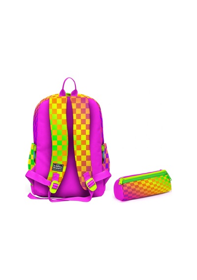 Coral High Okul Sırt Çantası Ve Kalemlik Seti - Sarı Mor Dama Desenli Kız Çocuk Setygn33203c Çok Renkli