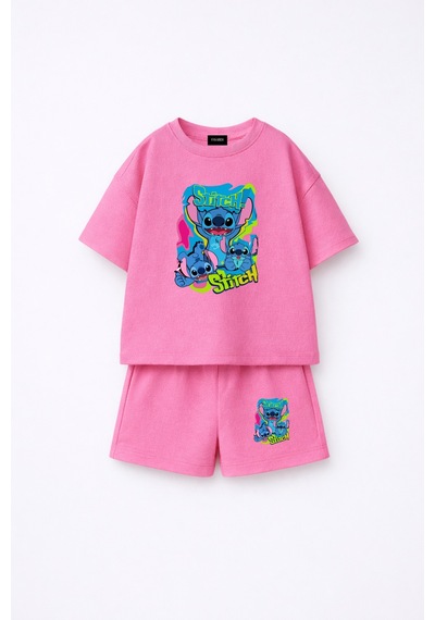 Fasardi Stitch Ön Arka Baskılı Oversize %100 Pamuk Tişört Şort Çocuk 2li Takım Pembe