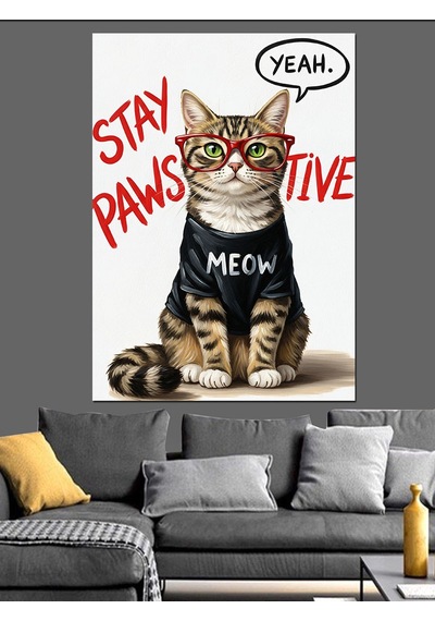 Ahşap Tablo Gözlüklü Kedi Yazılı Poster