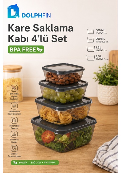 4 Lü Kare Saklama Kabı Seti Kapaklı 500 Ml 900 Ml 1,5 L 2,5 L Bpa İçermez Siyah
