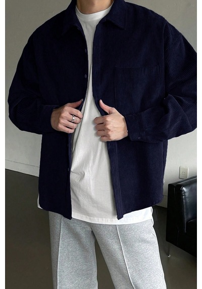 Genius Store Erkek Gömlek Fitilli Kadife Oversize Gömlek Yaka Cepli Uzun Kollu Ceket Gömlek Lacivert