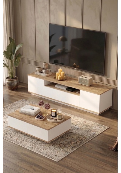 Yurudesign Future Tv Ünitesi Orta Sehpa 2'Li Set Çam-Beyaz FR17-AW