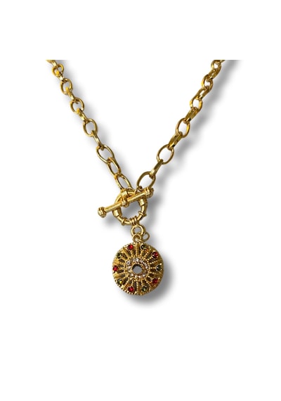 Kırmızı Sanat Evi Yuvarlak Taşlı Gold Zincirli Bijuteri Kolye Altın