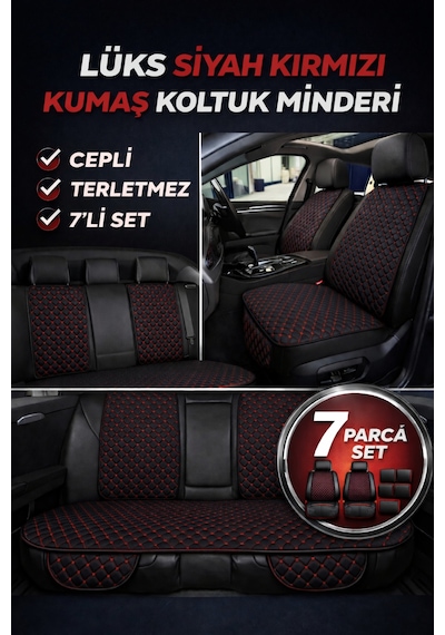 Tegin Üniversal Uyumlu Kumaş Koltuk Minderi Kapitone Desen Terletmez Yedili Set Siyah Kırmızı
