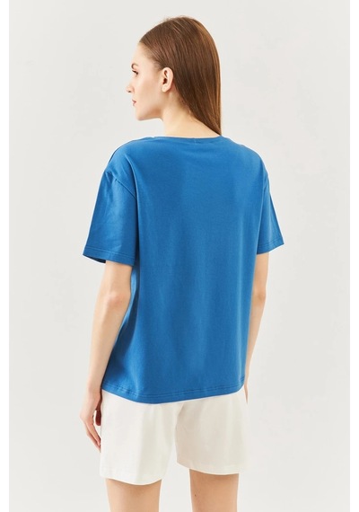 Kadın Rahat %100 Pamuklu Penye Bisiklet Yaka Kısa Kol Basic T-shirt Mavi