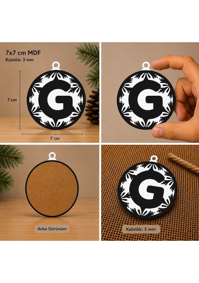 G Harf Yılbaşı Süsü Mdf Çam Ağacı Desenli Asılabilir Dekor 7x7 Cm