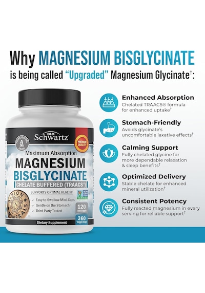 Bioschwartz Maximum Absorption Magnesium Bisglycinate Sleep, Muscle, Bone & Joint Support 360 Veggie