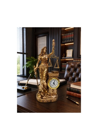 Hukuk Bürosu Masaüstü Lüks Polyester Themis Terazili Adalet Tanrıçası Heykeli Saatli Biblo Gold 25cm Çok Renkli