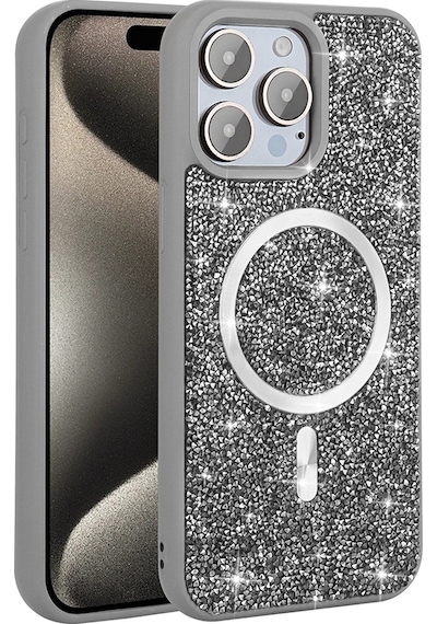 Ariatech Apple Uyumlu iPhone 15 Pro Max Kılıf Pırlanta Tasarımlı Magsafe Şarj Özellikli Mozaik Sil Siyah